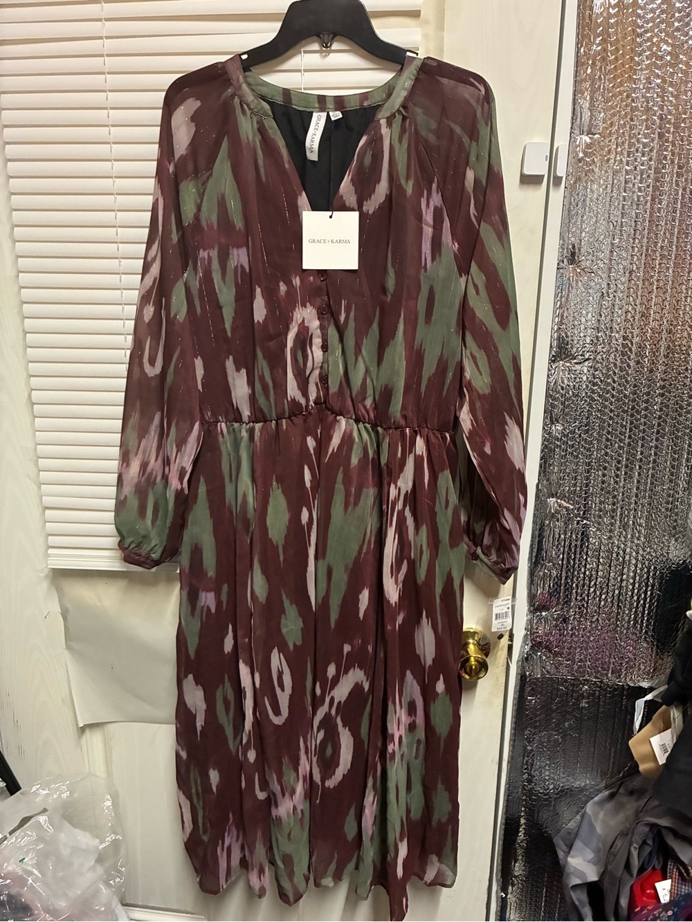 Grace Karin Burgundy, Green & Pink Patterned Maxi Dress